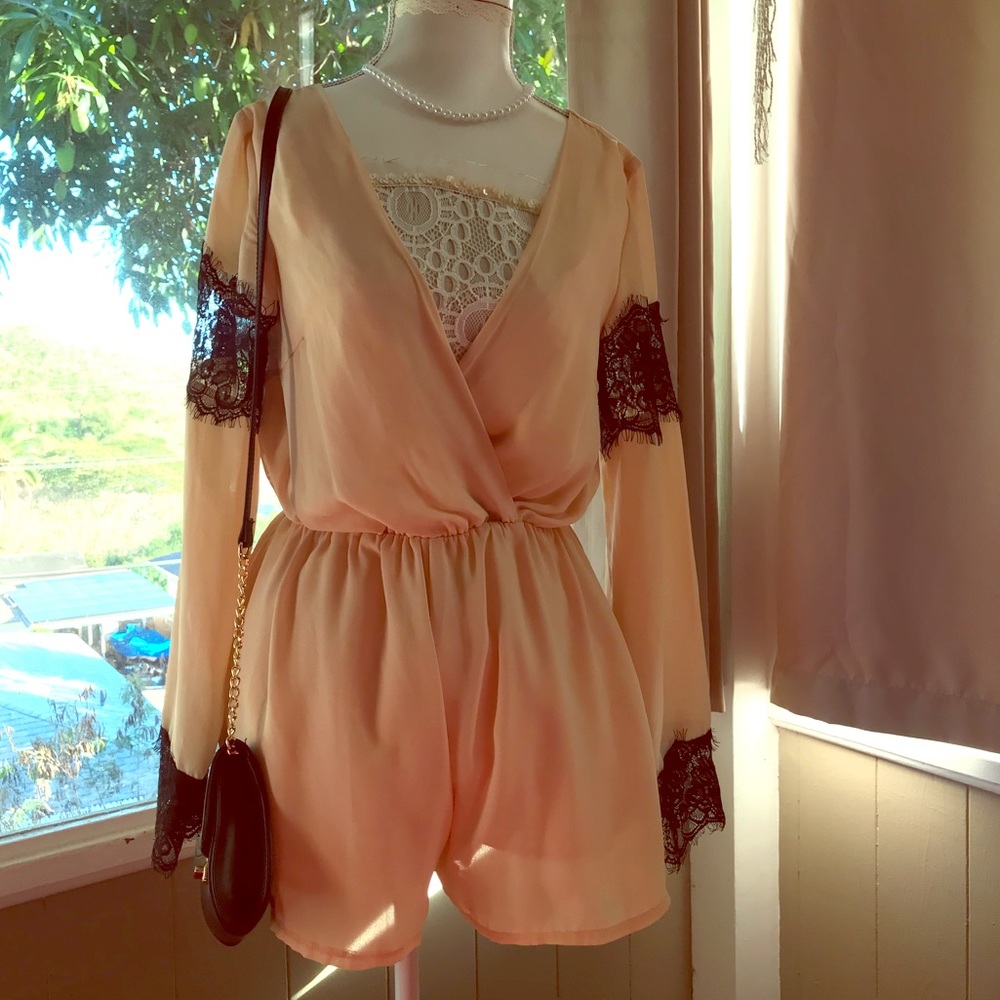 Missguided peach pink romper with lace accents